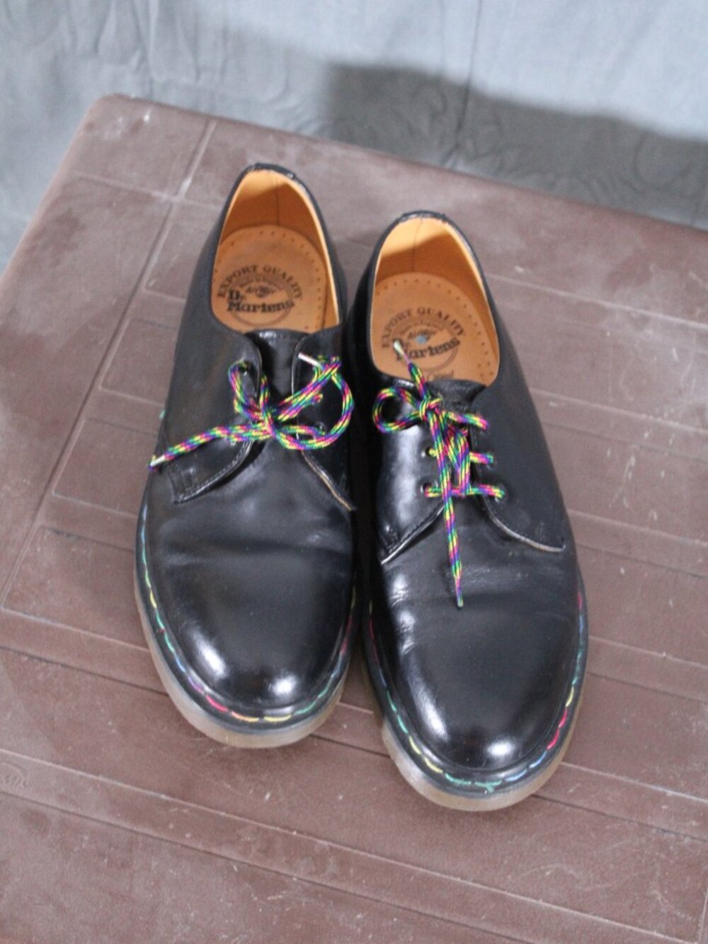 Vintage Dr Matens Shoes - 3 Hole Black Rainbow Laces and Stitches - Size 9